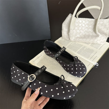 Designer Polka Dot Ballet Flats for Women Sweet Bow Decoration Elegant Mary Jane Shoes Fashion Buckle Shallow Comfort Dress Shoe