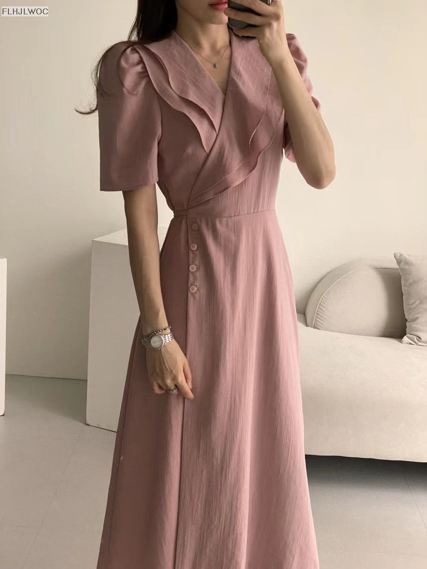 South Korea Chic Midi Dress Women Summer Japan Style Retro Vintage Design Ruffle