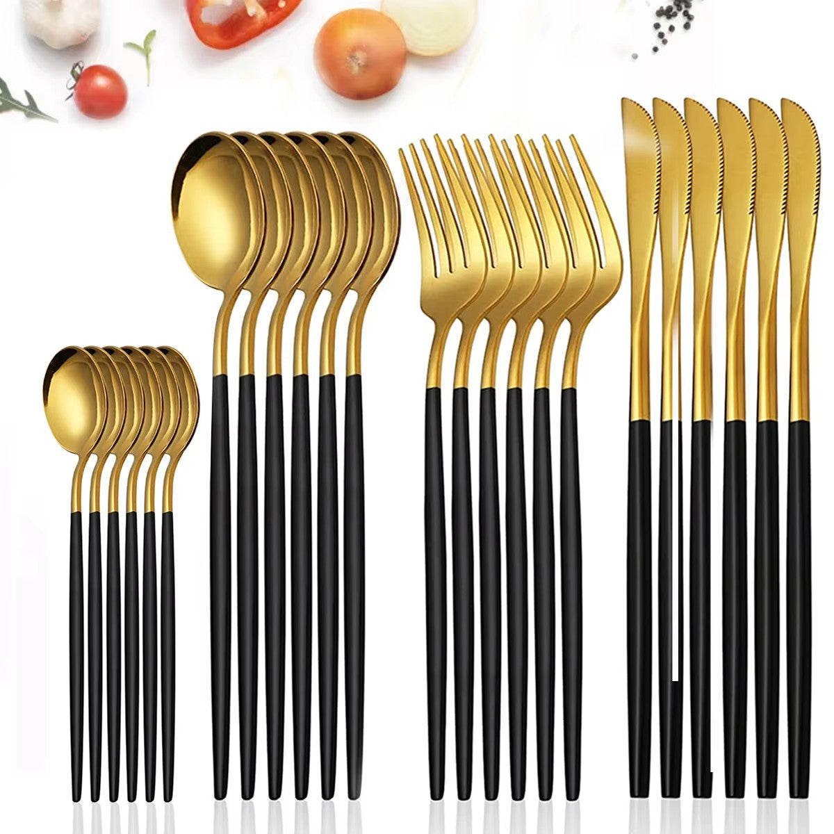 Conjunto de Talheres 24 Peças Aço Inoxidável Preto Dourado Faca Garfo Colher Talheres Ocidentais Prata Utensílios de Mesa
