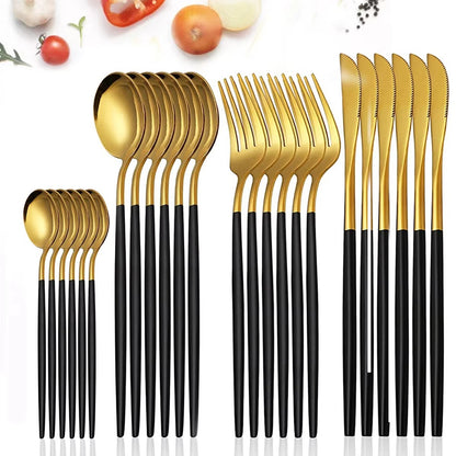 Conjunto de Talheres 24 Peças Aço Inoxidável Preto Dourado Faca Garfo Colher Talheres Ocidentais Prata Utensílios de Mesa