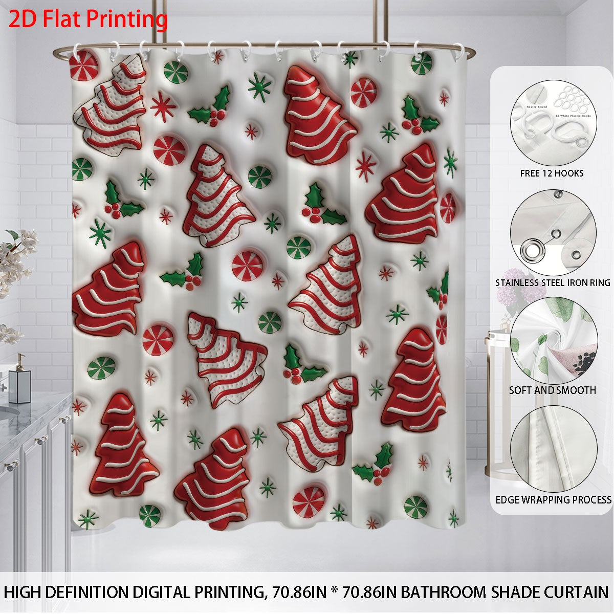 4pcs Christmas colored candy printed bathroom set 180x180 waterproof shower curtain, floor mat, toilet seat mat, U-shaped mat