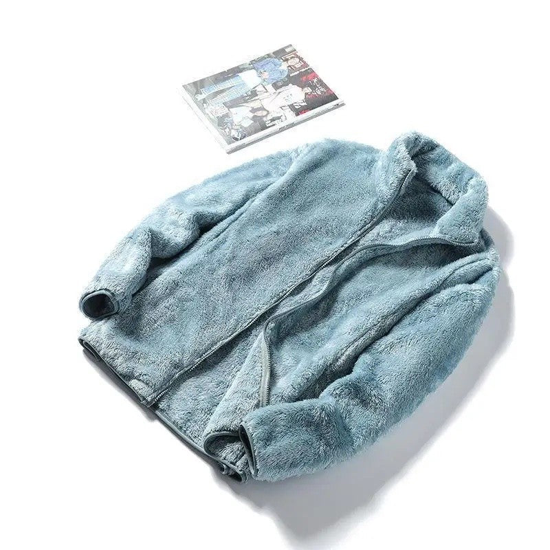 Women's Double-Sided Fleece Jacket Grey Warm Stand-Collar Thick Winter Outerwear Trendy Sweatshirt Style Casual Loose Fit