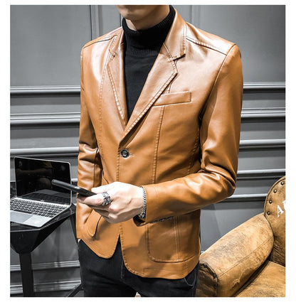 New Spring Men Slim Leather Blazers Jackets PU Leather Suits Coats Good Quality Male Business Casual Fit Suits Jackets Size 6XL