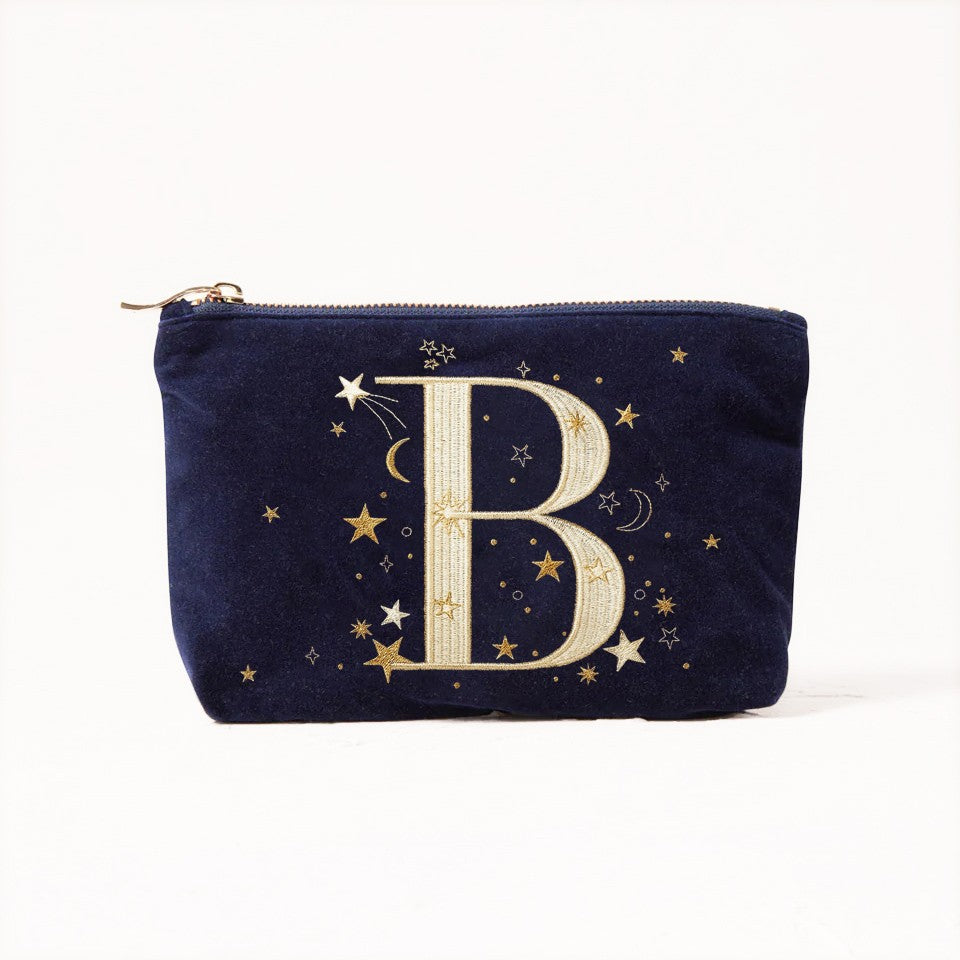 Alphabet Print Velvet Clutch Makeup Bag - Fashionable Cosmetic Pouch with Glittering Star Motif