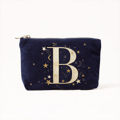 Alphabet Print Velvet Clutch Makeup Bag - Fashionable Cosmetic Pouch with Glittering Star Motif