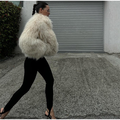 Solid Fashion Fake Fur Coat Women Chic Fluffy Warm Long Sleeve Loose Short Jacket Luxury 2025 Winter Lady Daily Street Outerwear