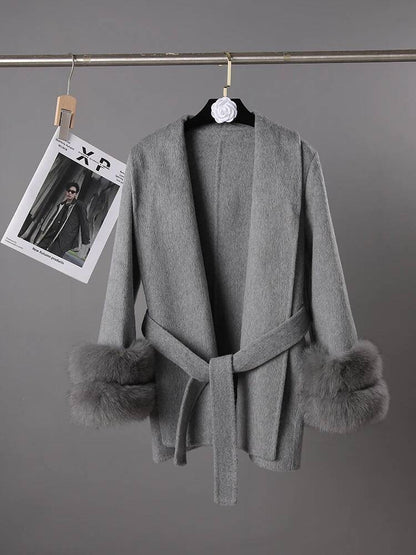 UCXQ Casaco Feminino Elegante OL para Escritório com Retalhos de Pelo Manga Comprida Lã Jaqueta de Roupa Feminina Bonita Outono Inverno 2025