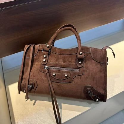 Retro suede motorcycle bag, women's city handbag, leather crossbody bag, single-shoulder armpit bag