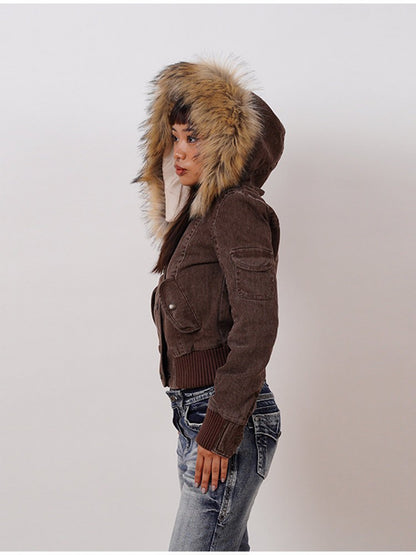 Vintage Brown Short Hooded Jacket Women's Full Sleeve Slim Detachable Fur Collar 2025 NEW Winter  Autumn Female Outerwear