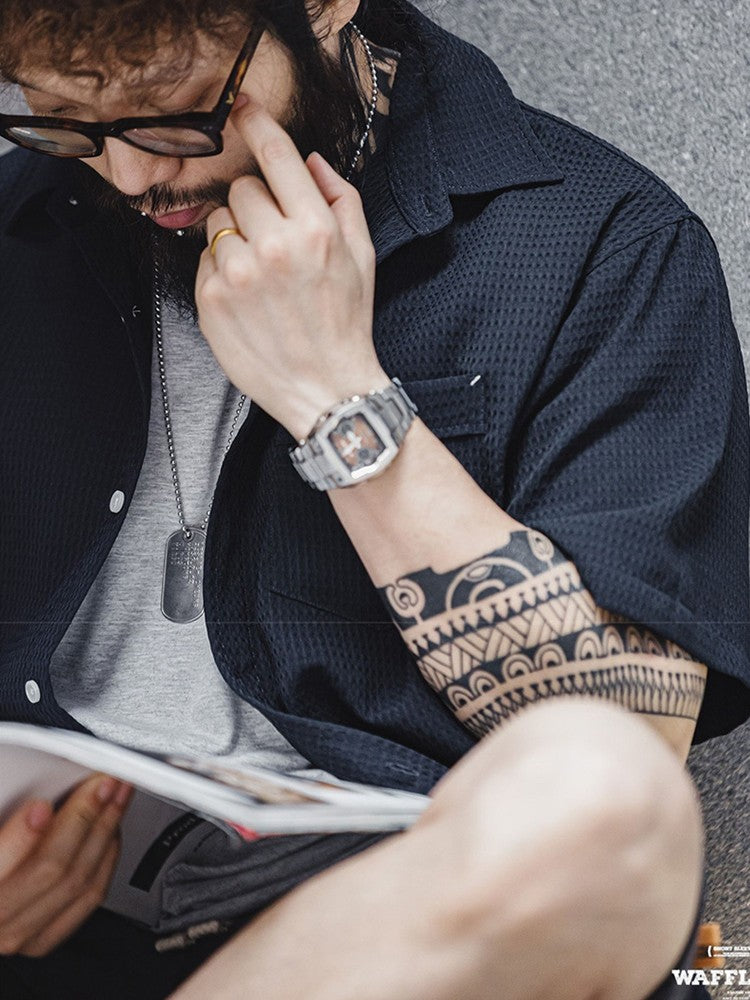 Summer Men's Waffle Short Sleeve Cargo Shirts 2025 New Casual Retro Breathable Lapel Blouse Y2K Vintage Streetwear Tee Shirt