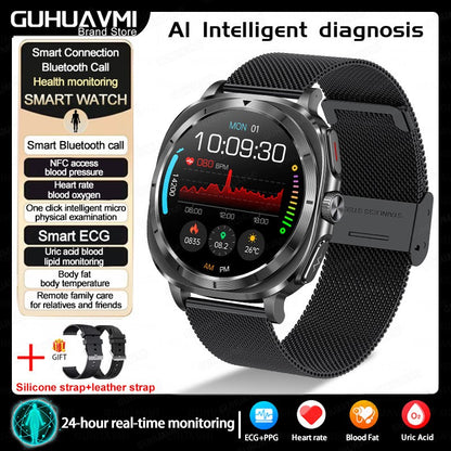 Novo Relógio de Saúde Ácido Úrico Pressão Arterial Oxigênio no Sangue Análise Corporal Gordura Corporal Smartwatch ECG+PPG Chamada Bluetooth Relógio Mulheres Homens