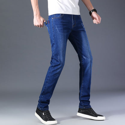 Men Winter Thermal Jeans Snow Warm Stretch Straight Jeans Man Fleece Denim Long Pants Cool Narrow Leg Slim Fit Blue Trousers