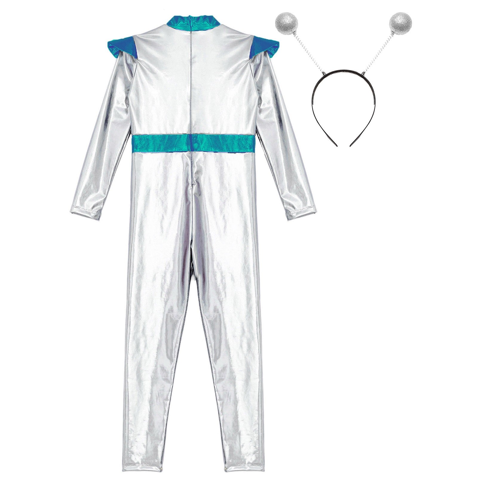 Kids Alien Cosplay Costume Outfits Boys Girls Metallic Shiny Alien Jumpsuit Halloween Full Length Bodysuit with Hair Hoop Suit