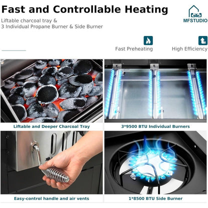 Gas and Charcoal Grill Combo with Side Burner, Porcelain-Enameled Cast Iron Grate, Extra Large Dual-Function