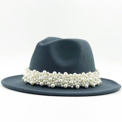Chapéu Fedora De Lã Feminino Masculino Com Fita De Pérolas Cavalheiro Elegante Senhora Inverno Outono Aba Larga Igreja Panamá Sombrero Boné De Jazz 60CM