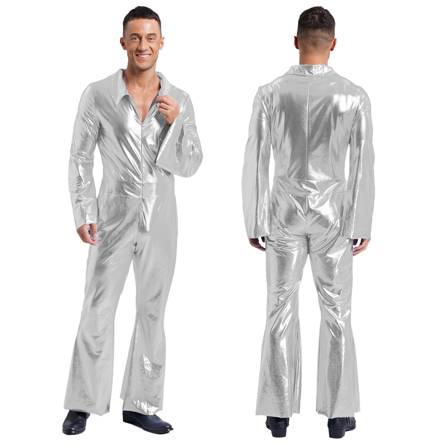 Men Bell Bottom Pants Jumpsuit Rompers Vintage 80s Disco Hippie Costume for Rock Jazz Dancewear Musical Theme Party Dress-up