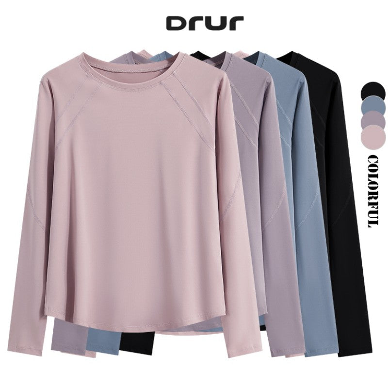 DRUR Women Long Sleeve Yoga Shirt Quick Dry Breathable Workout Top O-Neck Lightweight Pilates Running Tee Activewear Gym Clothes