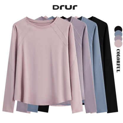 DRUR Women Long Sleeve Yoga Shirt Quick Dry Breathable Workout Top O-Neck Lightweight Pilates Running Tee Activewear Gym Clothes