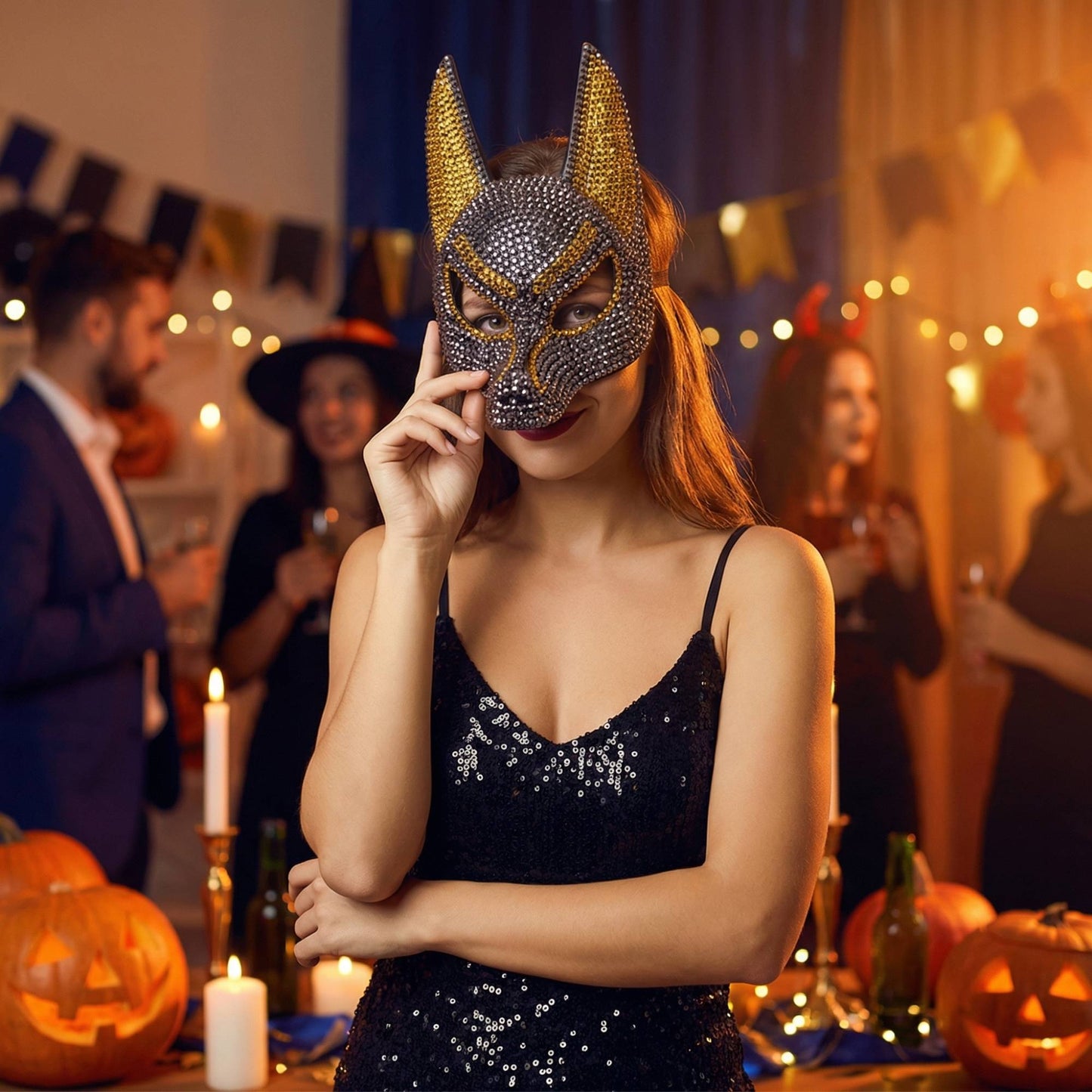 Luxury Rhinestone Wolf Mask, Shiny Animal Half Face Mask for Masquerade Ball, Halloween Party and Costume Events