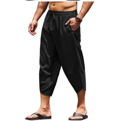 Calças Capri Masculinas de Verão Cor Sólida Shorts Harem Masculinos com Elástico na Cintura Cordão Calças Cropped 3/4 Folgadas