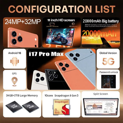 2026 Global Original Tablet Pad 17 Pro Max11 inch Android 16 24GB+2TB 20000mAh 5G Dual SIM Card WiFi GPS HD 4K Mi AndroidTablet