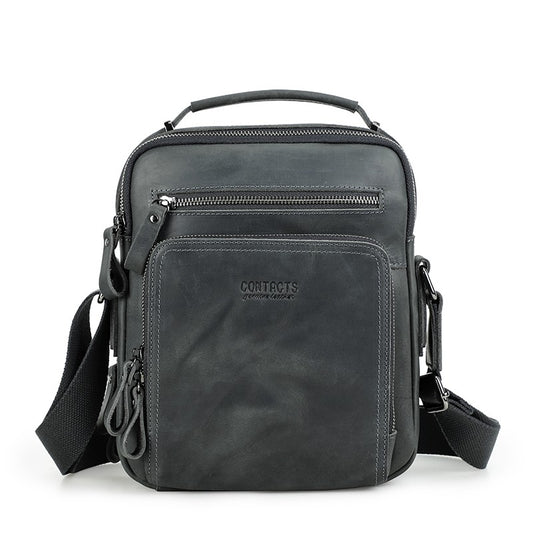 Bolsa de Ombro Masculina de Couro Crazy Horse CONTACT'S Bolsas Mensageiro Vintage Bolsas Masculinas Bolsas Transversais Masculinas Bolsas de Mão Masculinas Mochila de Ombro