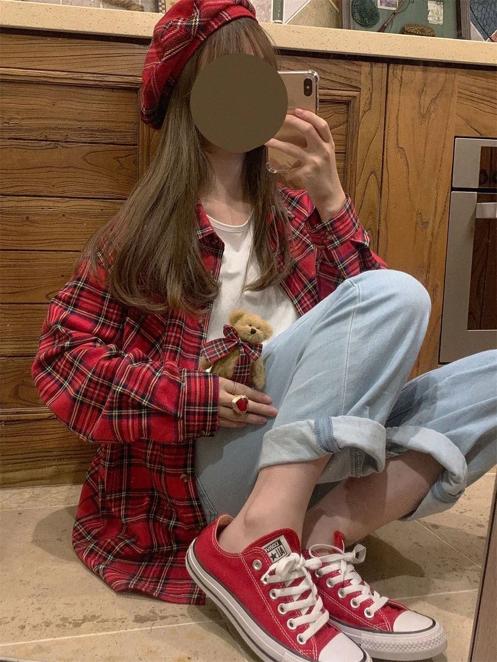 Scottish Red Plaid Shirt Luxury Hong Kong Style Vintage Loose Fit Women's Button up Shirt Polo Collar Full Sleeve Slim Fit