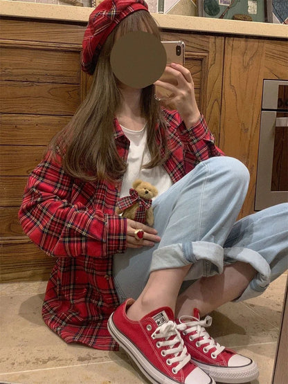 Scottish Red Plaid Shirt Luxury Hong Kong Style Vintage Loose Fit Women's Button up Shirt Polo Collar Full Sleeve Slim Fit