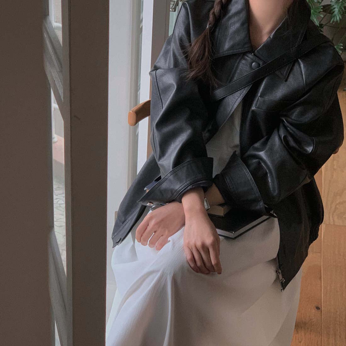 Sli Loose PU Leather Jaet Women's Chic Retro Collar Versatile BF Sle Motorcycle Clothes Trendy Long Sve Zipper