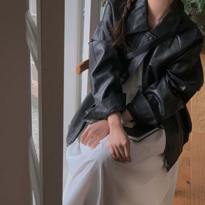 Sli Loose PU Leather Jaet Women's Chic Retro Collar Versatile BF Sle Motorcycle Clothes Trendy Long Sve Zipper