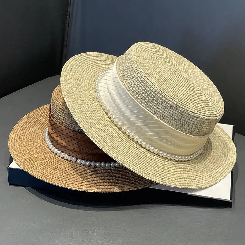 2025 Summer Elegant Pearl Chain Flat Sun Hats for Women Chapeau Feminino Straw Hat Panama Wide Brim Anti-UV Beach Cap Girl Topee