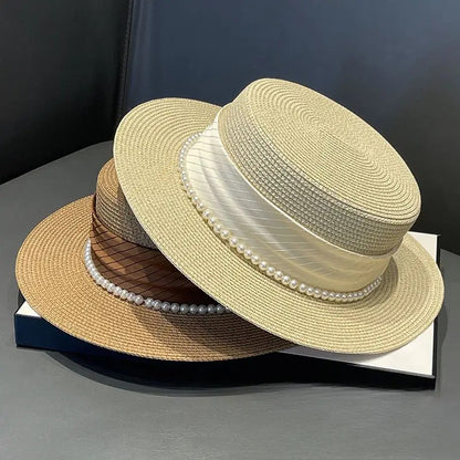 2025 Summer Elegant Pearl Chain Flat Sun Hats for Women Chapeau Feminino Straw Hat Panama Wide Brim Anti-UV Beach Cap Girl Topee