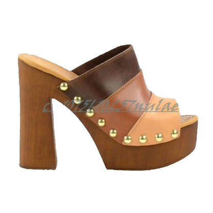 Mutilcolor Side Round Rivets Decor Slippers Peep Toe Chunky High Heel Elegant Retro Party 2025 Women Shoes Zapatos Para Mujere