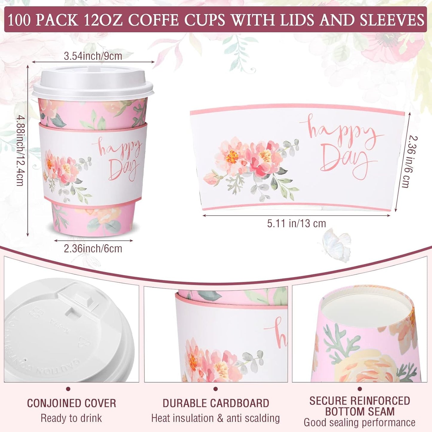 100 Copos de Café Descartáveis Florais de 12oz com 100 Tampas e 100 Luvas Copos de Papel Isolados para Bebidas Quentes
