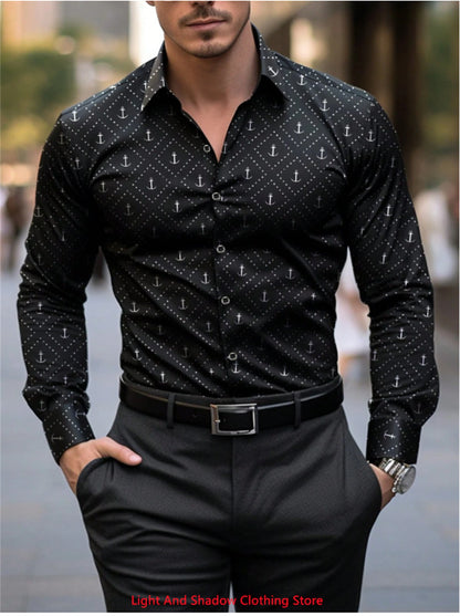 Men's High-Quality Long-Sleeved Lapel Button-Up Shirt Comfortable Soft High-Definition Printed Business Casual Shirt