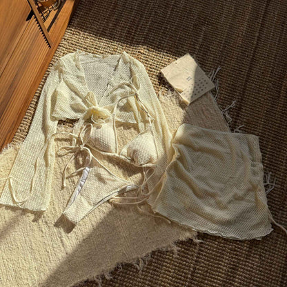 Summer Holiday 4 Piece Bikini Set 2025 Women Sexy White Long Sleeve Cover Up and Skirt Swimsuit Beach Bathing Suit Pool Swimwear