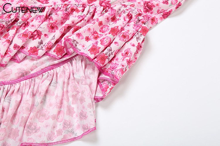 Cutenew Floral Print Women Midi Dresses Fashion Incline Shoulder Bandage Ruffle
