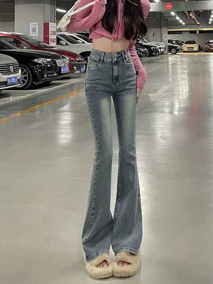 High Waist Fce Lined Thiened Autumn Winter American Bla ey Micro Flared Jeans Women Slimming Legging  Hoof Pants