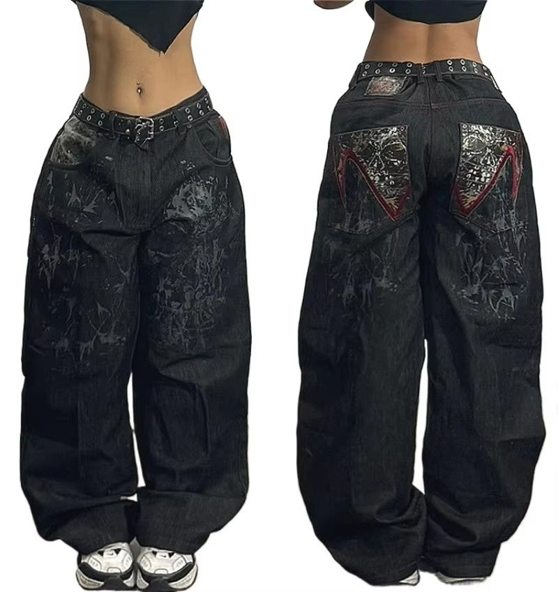 Y2K American New Trend Hip-hop Gothic Embroidered Jeans Men's Street Harajuku Leisure Loose Straight Wide-leg Pants Unisex Jeans
