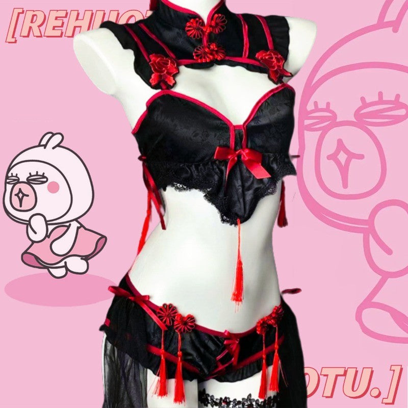 Gothic Vintage Cheongsam Lingerie Dress Maid Cosplay Uniform Lolita Lace Embroidery Underwear Set Sexy Halloween Sweet Costume