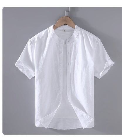 Cotton Linen Hot Sale Men's Short-Sleeved Shirts Summer Streetwear Plain Color Stand Collar Casual Beach Style Plus Size M-3XL