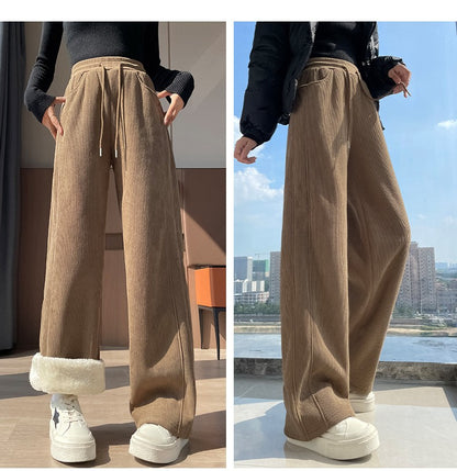 High Waist Warm Trousers Fashion Winter Fleece Thickened Women's Pants Solid Color Loose Elastic Waist Straight Casual Pants