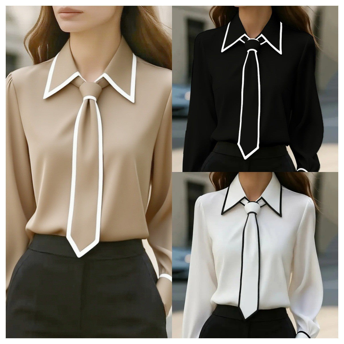 Women's Blouse Fashion Shirt Formal Bow Tie Long-sleeve Contrasting Trim Tops Slim-fit Workwear Elegant Office Lady Shirts Women