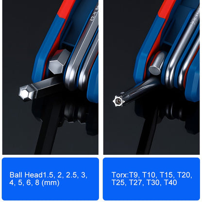 Conjunto de Chaves Allen Dobráveis 8 em 1 CR-V Métricas com Ponta Esférica, Ferramenta de Chave Torx Portátil, Kit de Chave Estrela Portátil