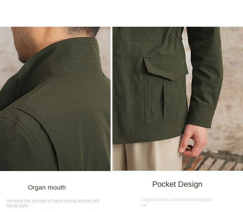 Three Spring and Summer Light Vertical Collar Waist Half Hanging M65 British Jacket Men's Retro Hunting Wear Waterproof Jacket
