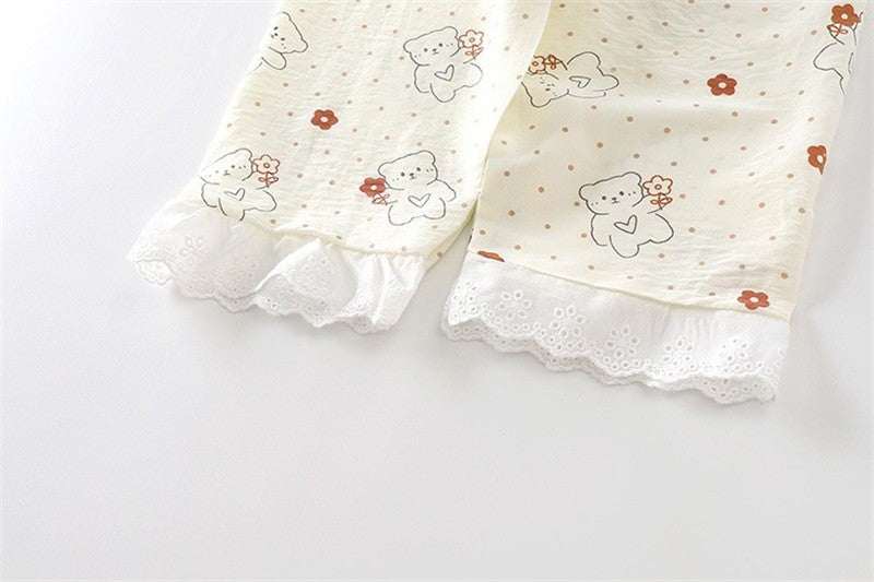 Kids Home Clothes 2Pcs Set Baby Loose Pajamas Fashion Girl Lace Floral Print Sleepwear Children Air Conditioner Long Sleeve Pant