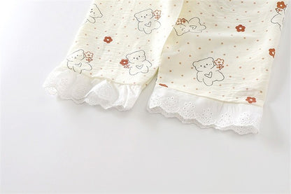 Kids Home Clothes 2Pcs Set Baby Loose Pajamas Fashion Girl Lace Floral Print Sleepwear Children Air Conditioner Long Sleeve Pant