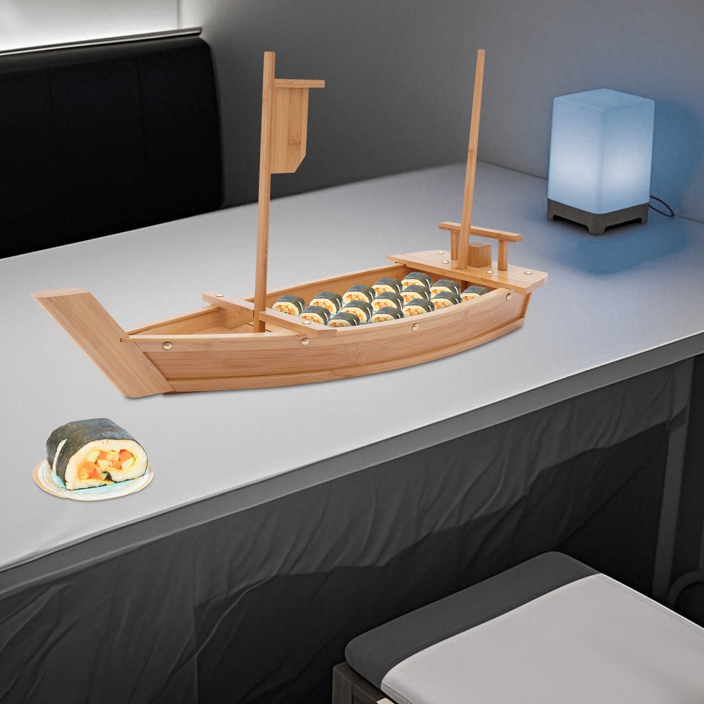 28in Bamboo Sushi Boat Serving Tray, 70cm Log Color Assembly Required Sushi Boat Serving Tray for Business or Personal Parties