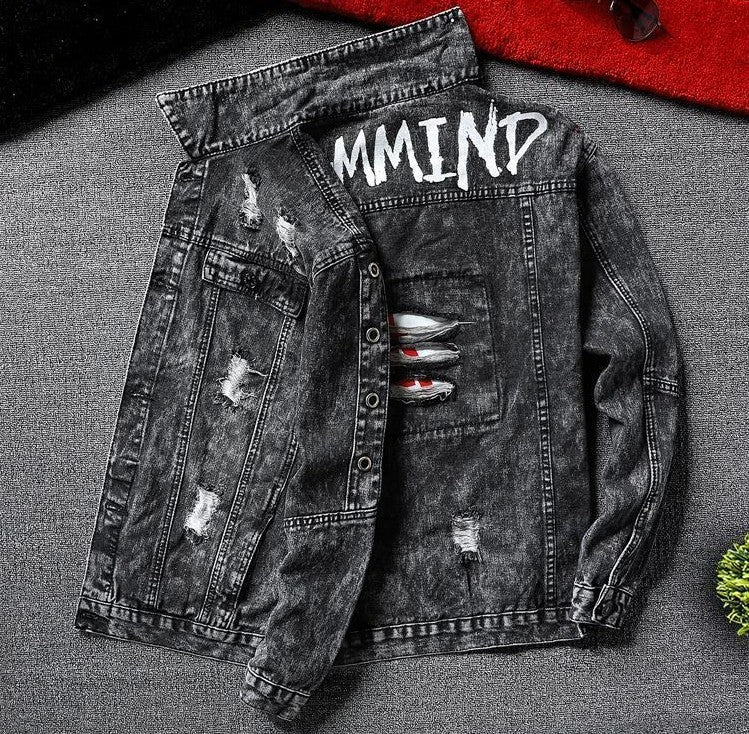 Jeans Coat for Men Hip Hop with Print Ripped Button Black Hole Denim Jackets Man Size L Large Lxury Worn Cowgirl Fast Delvery G