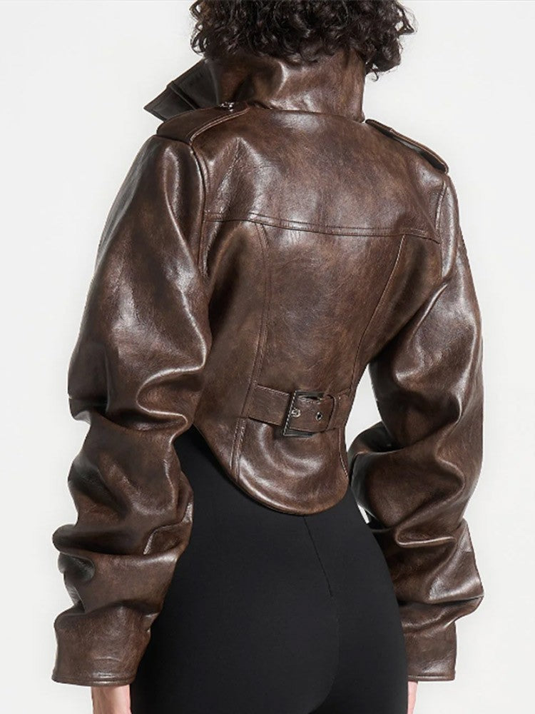 Vintage Women's Cropped Faux Leather Jacket Stand Collar Balloon Sleeve Biker Style PU Leather Coat Streetwear Fashion Outfit